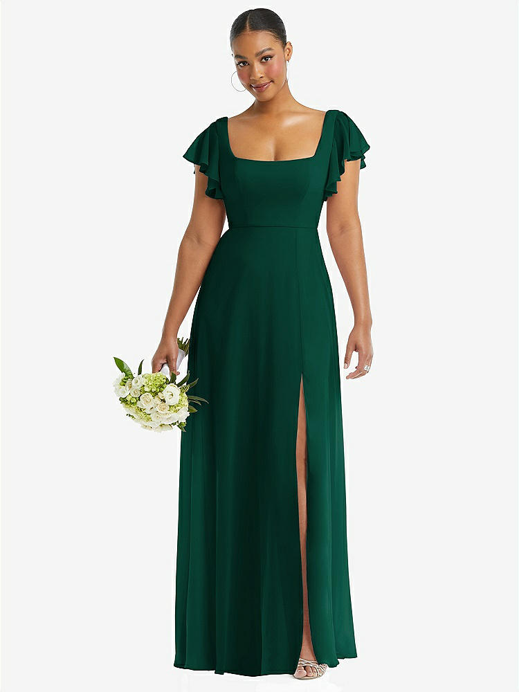 【STYLE: 1568】Flutter Sleeve Scoop Open-Back Chiffon Maxi Dress【COLOR: Hunter Green】