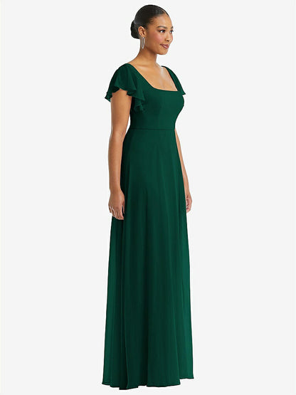 【STYLE: 1568】Flutter Sleeve Scoop Open-Back Chiffon Maxi Dress【COLOR: Hunter Green】