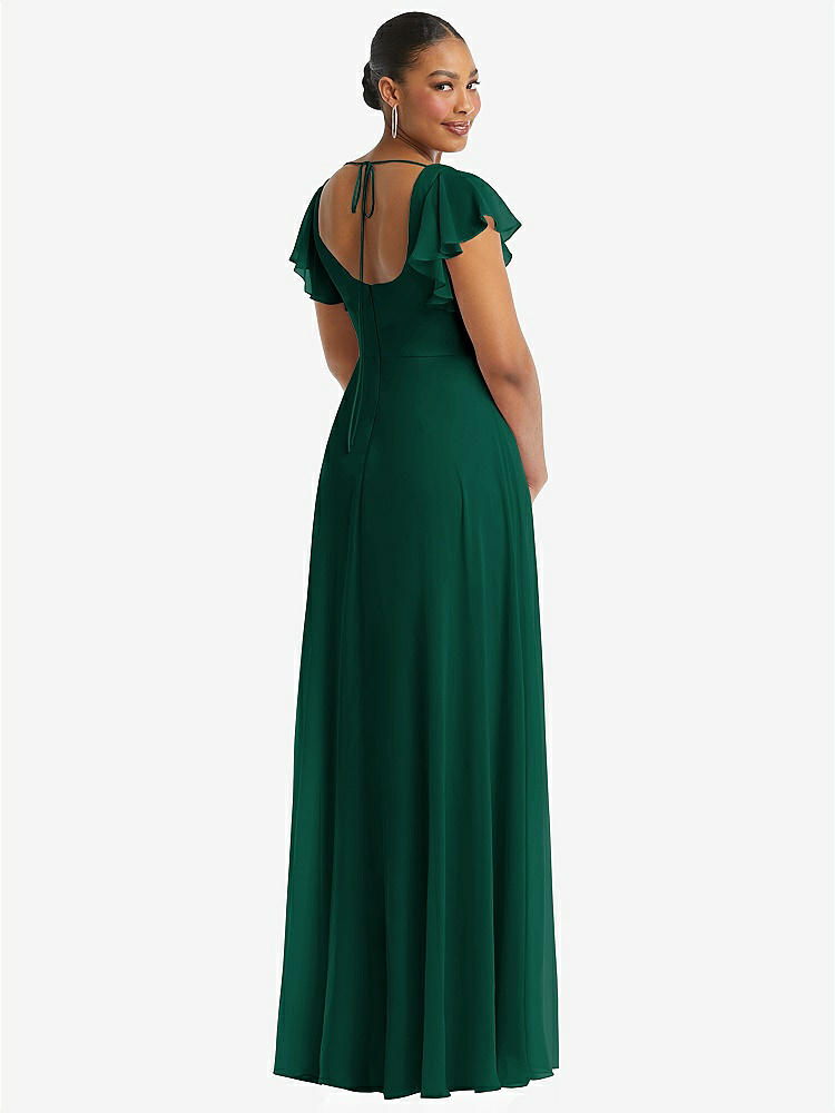 【STYLE: 1568】Flutter Sleeve Scoop Open-Back Chiffon Maxi Dress【COLOR: Hunter Green】