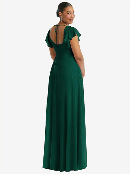 【STYLE: 1568】Flutter Sleeve Scoop Open-Back Chiffon Maxi Dress【COLOR: Hunter Green】