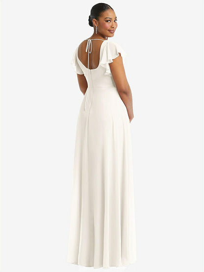 【STYLE: 1568】Flutter Sleeve Scoop Open-Back Chiffon Maxi Dress【COLOR: Ivory】