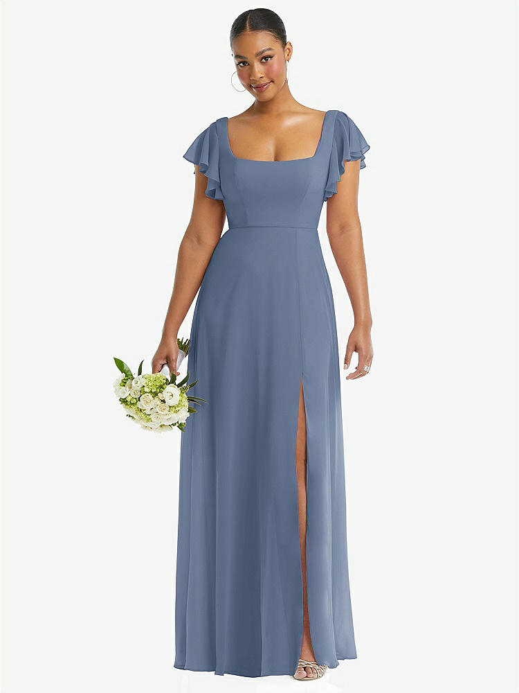 【NEW】【STYLE: 1568】フラッター 袖 スクープ オープンバック シフォン マキシ ドレス【COLOR: Larkspur Blue】【SIZE: 00-30W】