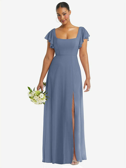 【NEW】【STYLE: 1568】フラッター 袖 スクープ オープンバック シフォン マキシ ドレス【COLOR: Larkspur Blue】【SIZE: 00-30W】