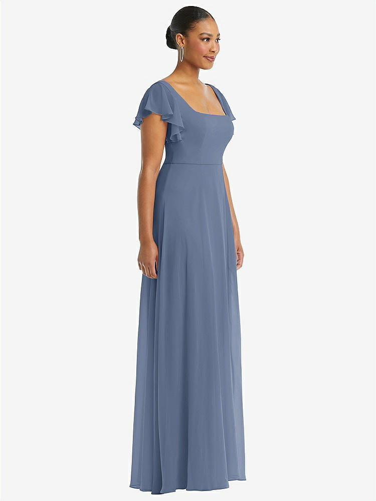 【NEW】【STYLE: 1568】フラッター 袖 スクープ オープンバック シフォン マキシ ドレス【COLOR: Larkspur Blue】【SIZE: 00-30W】