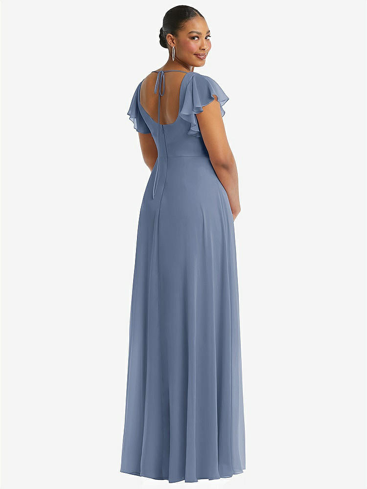 【NEW】【STYLE: 1568】フラッター 袖 スクープ オープンバック シフォン マキシ ドレス【COLOR: Larkspur Blue】【SIZE: 00-30W】