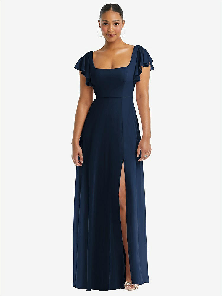 【NEW】【STYLE: 1568】フラッター 袖 スクープ オープンバック シフォン マキシ ドレス【COLOR: Midnight Navy】【SIZE: 00-30W】