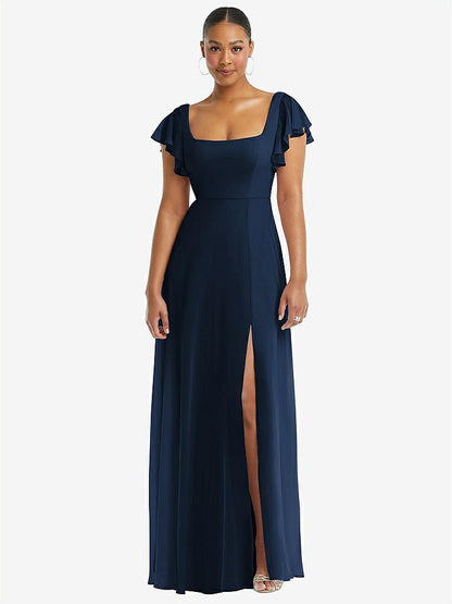 【NEW】【STYLE: 1568】フラッター 袖 スクープ オープンバック シフォン マキシ ドレス【COLOR: Midnight Navy】【SIZE: 00-30W】
