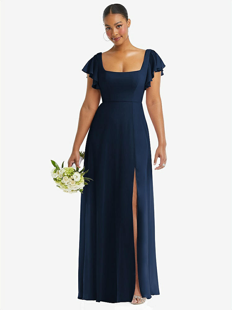 【NEW】【STYLE: 1568】フラッター 袖 スクープ オープンバック シフォン マキシ ドレス【COLOR: Midnight Navy】【SIZE: 00-30W】