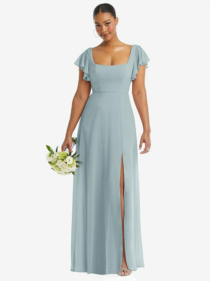 【NEW】【STYLE: 1568】フラッター 袖 スクープ オープンバック シフォン マキシ ドレス【COLOR: Morning Sky】【SIZE: 00-30W】