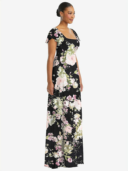 【STYLE: 1568】Flutter Sleeve Scoop Open-Back Chiffon Maxi Dress【COLOR: Noir Garden】