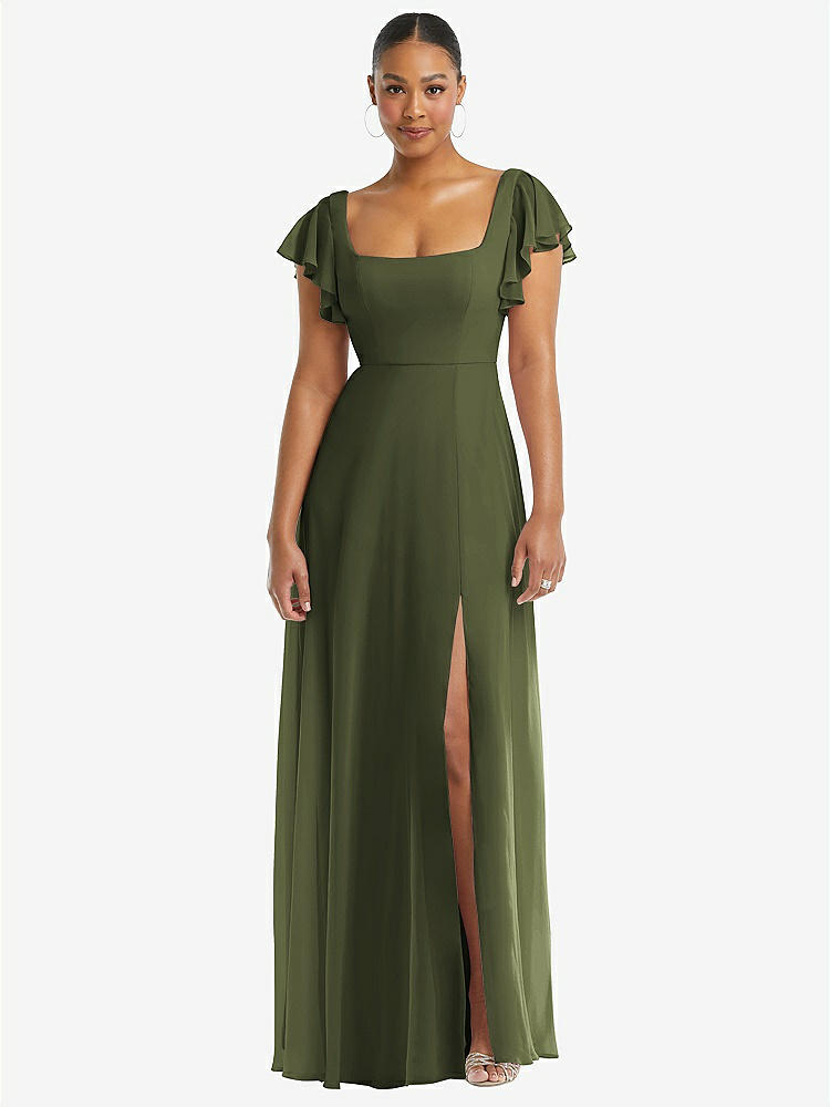 【STYLE: 1568】Flutter Sleeve Scoop Open-Back Chiffon Maxi Dress【COLOR: Olive Green】