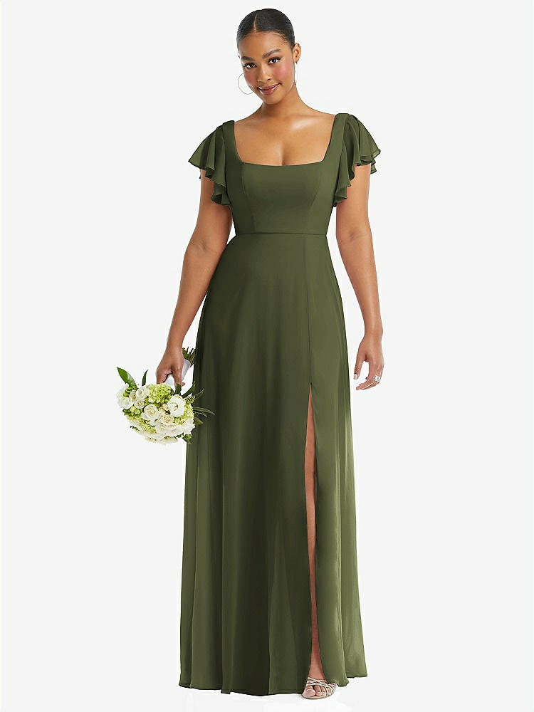 【STYLE: 1568】Flutter Sleeve Scoop Open-Back Chiffon Maxi Dress【COLOR: Olive Green】