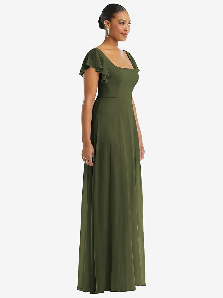 【STYLE: 1568】Flutter Sleeve Scoop Open-Back Chiffon Maxi Dress【COLOR: Olive Green】