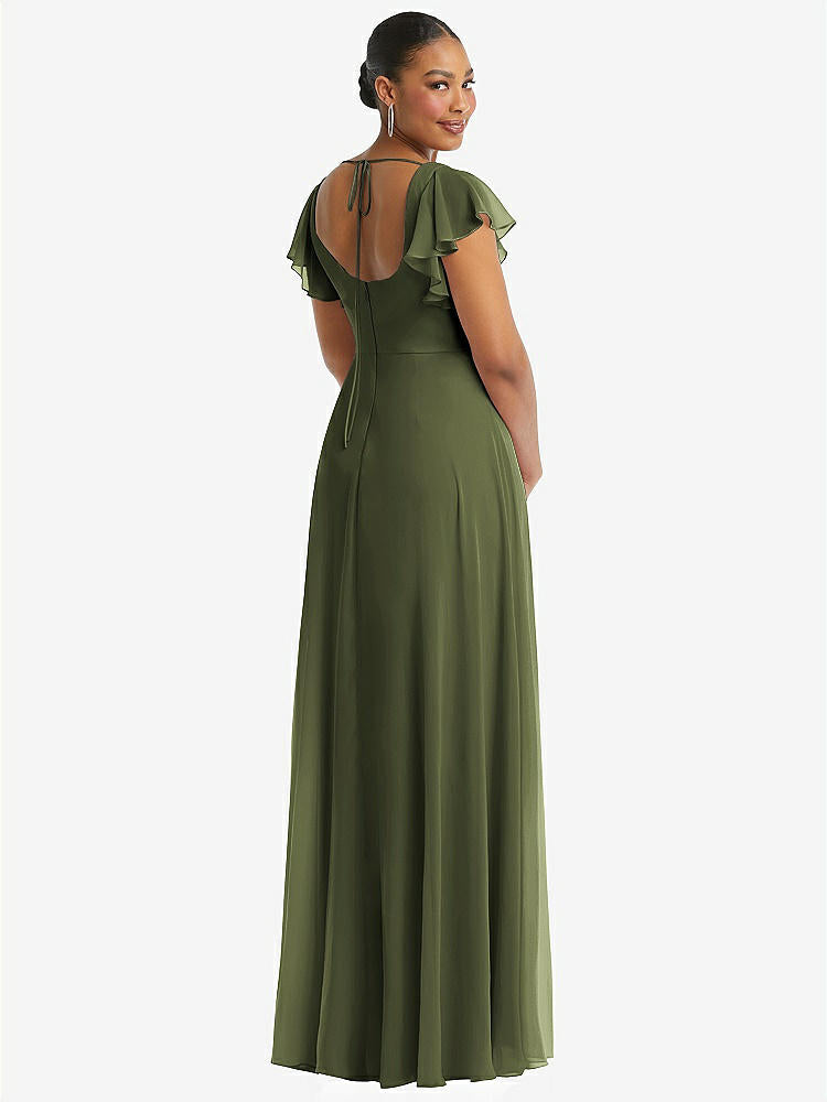 【STYLE: 1568】Flutter Sleeve Scoop Open-Back Chiffon Maxi Dress【COLOR: Olive Green】