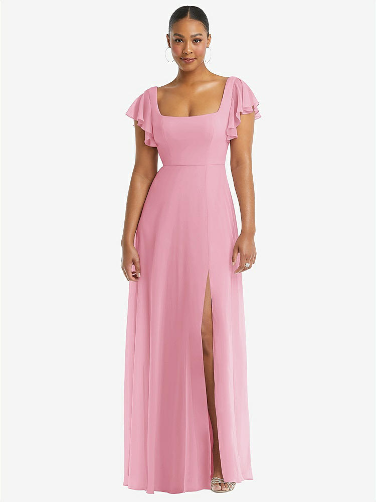 【STYLE: 1568】Flutter Sleeve Scoop Open-Back Chiffon Maxi Dress【COLOR: Peony Pink】