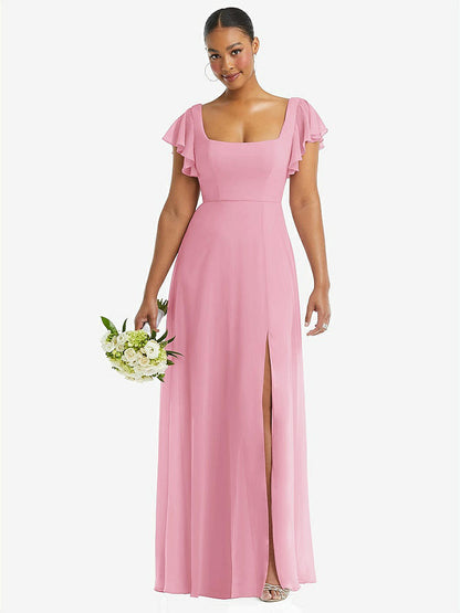 【STYLE: 1568】Flutter Sleeve Scoop Open-Back Chiffon Maxi Dress【COLOR: Peony Pink】