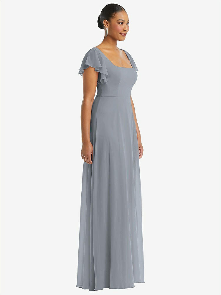 【NEW】【STYLE: 1568】フラッター 袖 スクープ オープンバック シフォン マキシ ドレス【COLOR: Platinum】【SIZE: 00-30W】