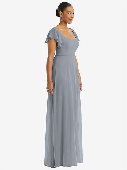 【NEW】【STYLE: 1568】フラッター 袖 スクープ オープンバック シフォン マキシ ドレス【COLOR: Platinum】【SIZE: 00-30W】