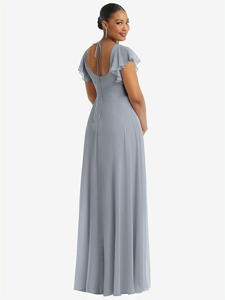 【NEW】【STYLE: 1568】フラッター 袖 スクープ オープンバック シフォン マキシ ドレス【COLOR: Platinum】【SIZE: 00-30W】