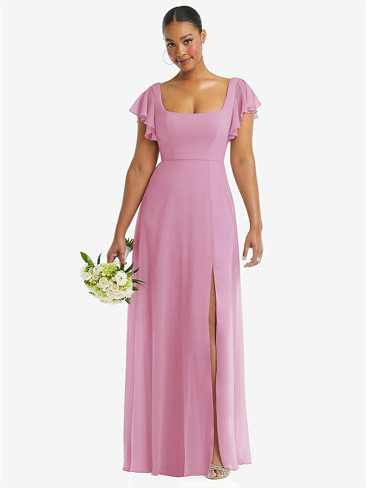 【STYLE: 1568】Flutter Sleeve Scoop Open-Back Chiffon Maxi Dress【COLOR: Powder Pink】
