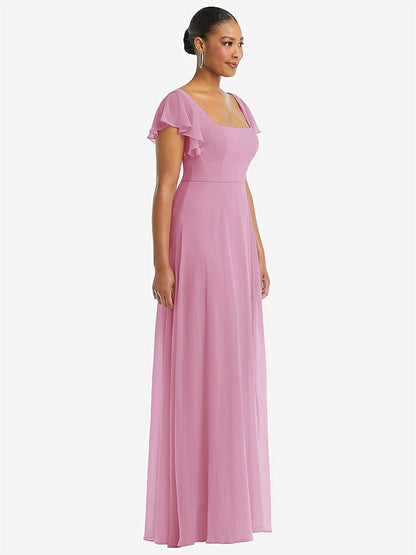 【STYLE: 1568】Flutter Sleeve Scoop Open-Back Chiffon Maxi Dress【COLOR: Powder Pink】