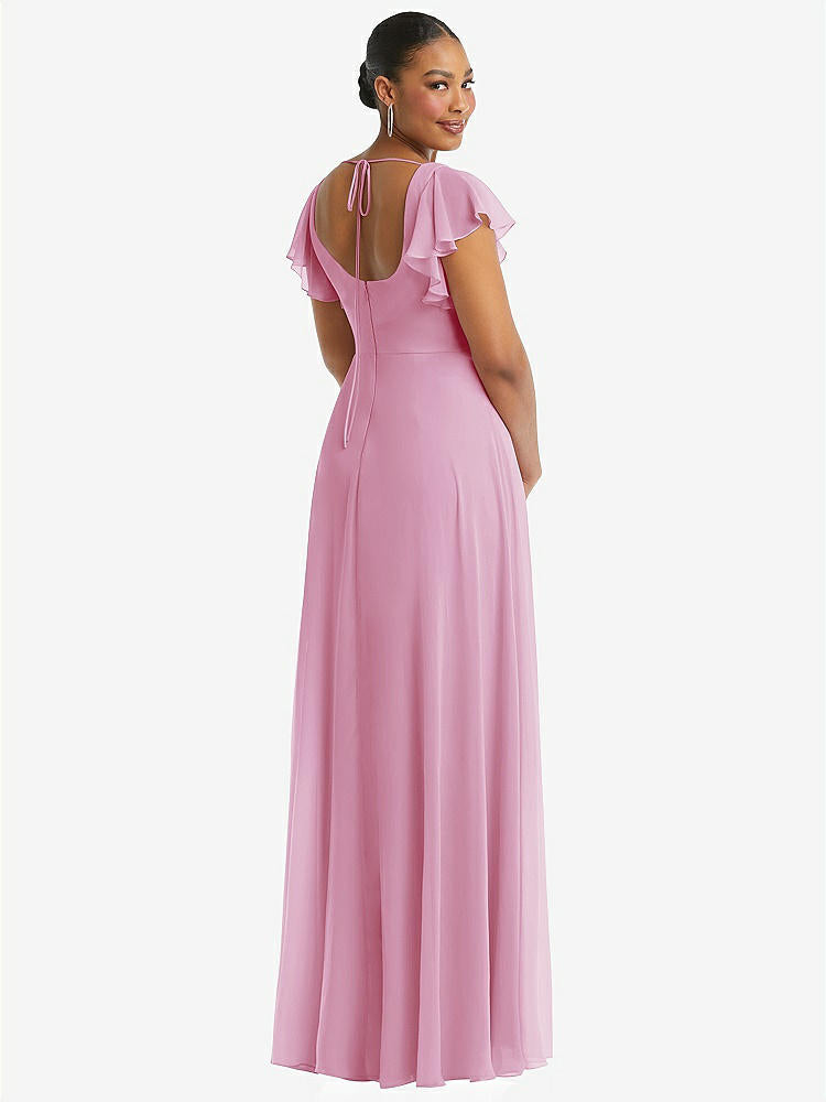 【STYLE: 1568】Flutter Sleeve Scoop Open-Back Chiffon Maxi Dress【COLOR: Powder Pink】