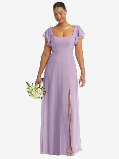 【NEW】【STYLE: 1568】フラッター 袖 スクープ オープンバック シフォン マキシ ドレス【COLOR: Pale Purple】【SIZE: 00-30W】