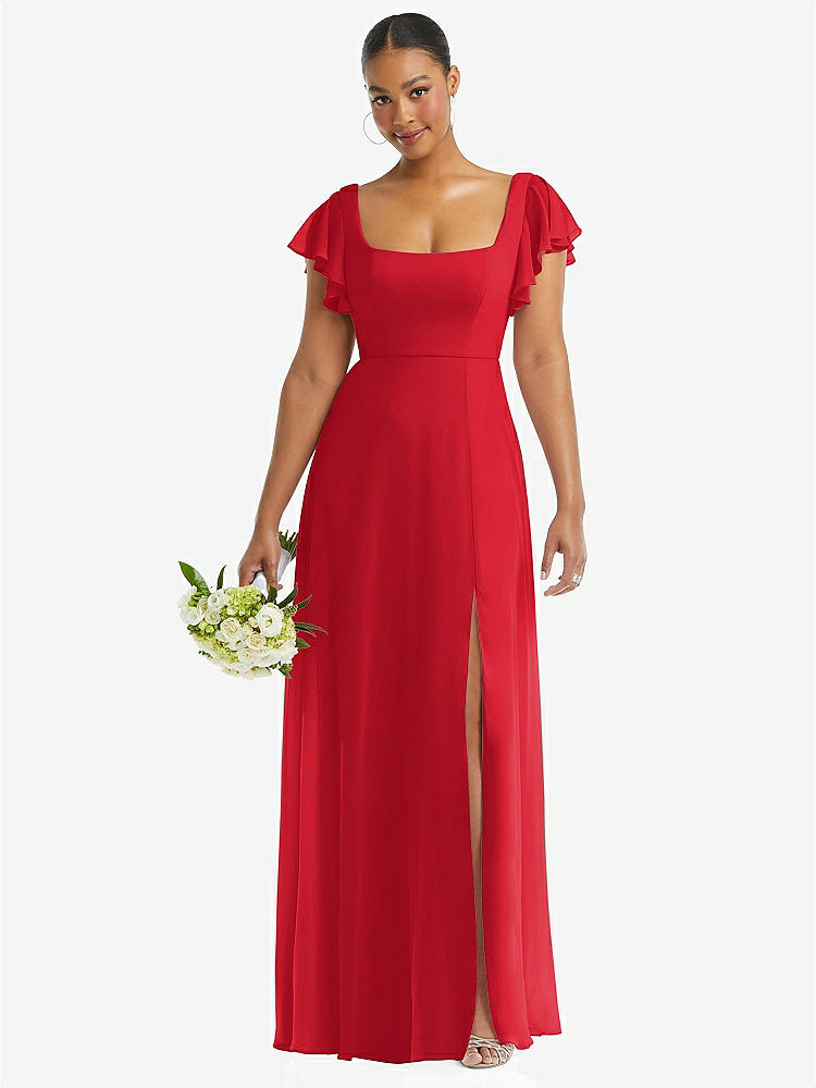 【STYLE: 1568】Flutter Sleeve Scoop Open-Back Chiffon Maxi Dress【COLOR: Parisian Red】