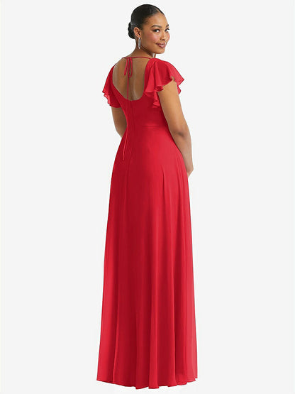 【STYLE: 1568】Flutter Sleeve Scoop Open-Back Chiffon Maxi Dress【COLOR: Parisian Red】