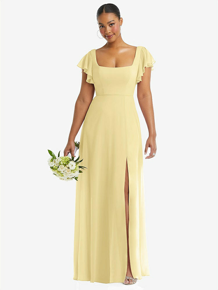 【NEW】【STYLE: 1568】フラッター 袖 スクープ オープンバック シフォン マキシ ドレス【COLOR: Pale Yellow】【SIZE: 00-30W】