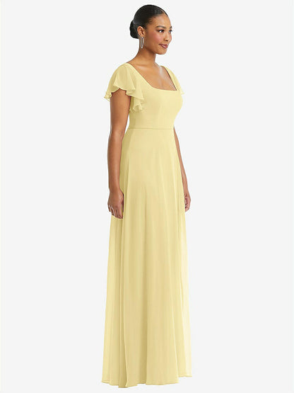 【NEW】【STYLE: 1568】フラッター 袖 スクープ オープンバック シフォン マキシ ドレス【COLOR: Pale Yellow】【SIZE: 00-30W】