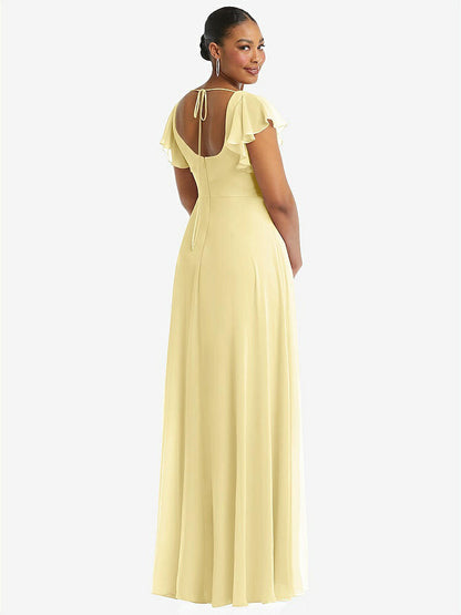 【NEW】【STYLE: 1568】フラッター 袖 スクープ オープンバック シフォン マキシ ドレス【COLOR: Pale Yellow】【SIZE: 00-30W】