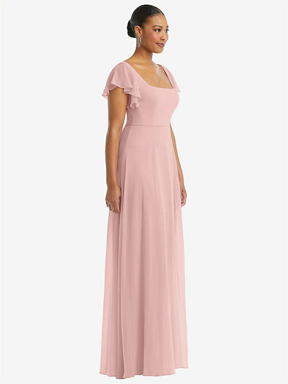 【NEW】【STYLE: 1568】フラッター 袖 スクープ オープンバック シフォン マキシ ドレス【COLOR: Rose - PANTONE Rose Quartz】【SIZE: 00-30W】