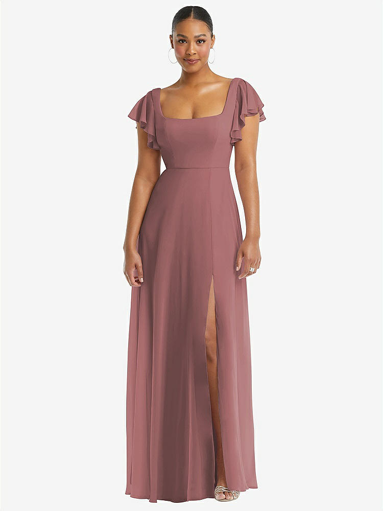 【STYLE: 1568】Flutter Sleeve Scoop Open-Back Chiffon Maxi Dress【COLOR: Rosewood】