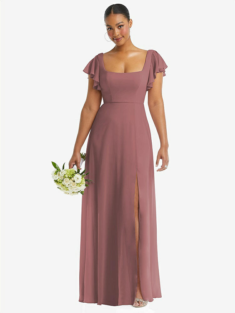 【STYLE: 1568】Flutter Sleeve Scoop Open-Back Chiffon Maxi Dress【COLOR: Rosewood】