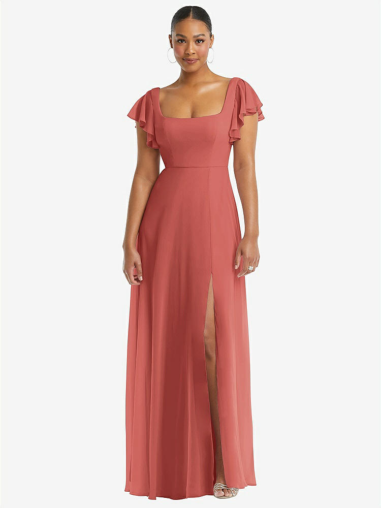 【STYLE: 1568】Flutter Sleeve Scoop Open-Back Chiffon Maxi Dress【COLOR: Coral Pink】