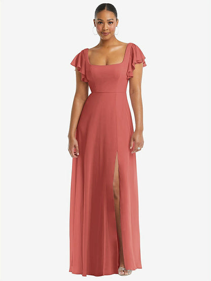 【STYLE: 1568】Flutter Sleeve Scoop Open-Back Chiffon Maxi Dress【COLOR: Coral Pink】