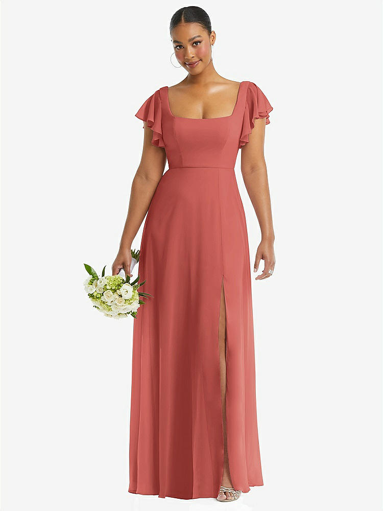 【NEW】【STYLE: 1568】フラッター 袖 スクープ オープンバック シフォン マキシ ドレス【COLOR: Coral Pink】【SIZE: 00-30W】