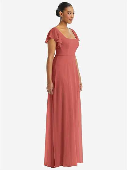 【STYLE: 1568】Flutter Sleeve Scoop Open-Back Chiffon Maxi Dress【COLOR: Coral Pink】