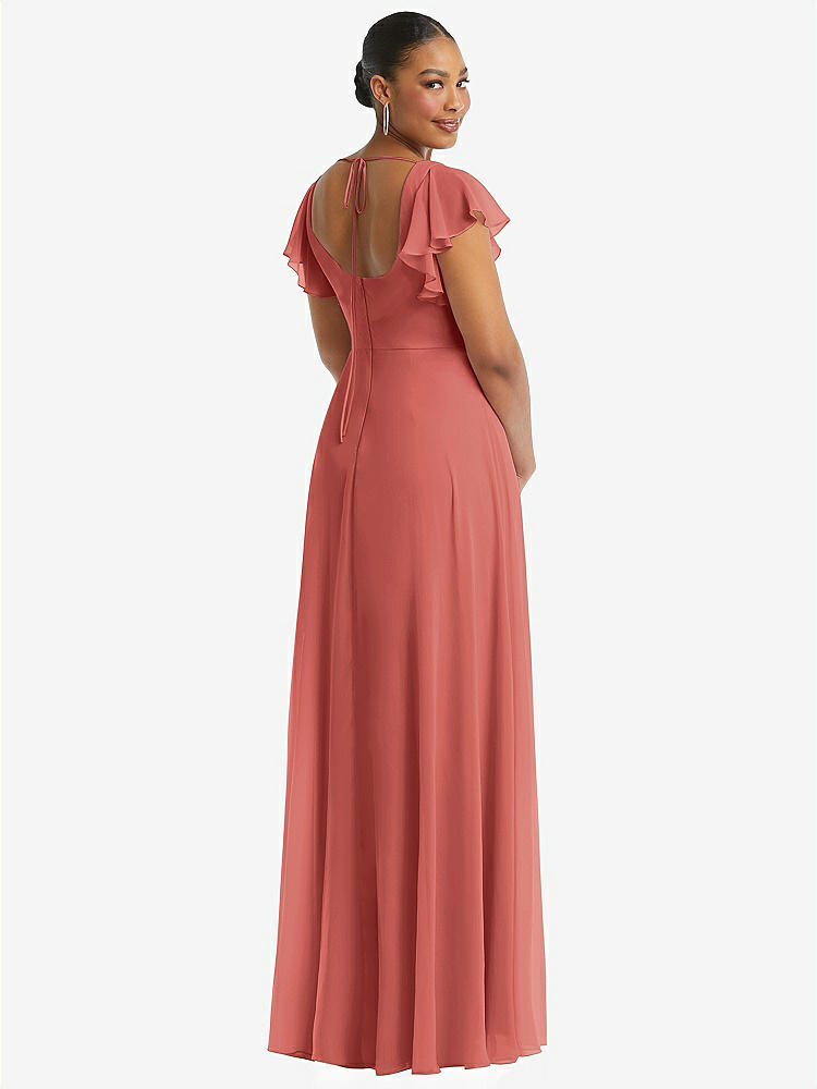 【NEW】【STYLE: 1568】フラッター 袖 スクープ オープンバック シフォン マキシ ドレス【COLOR: Coral Pink】【SIZE: 00-30W】