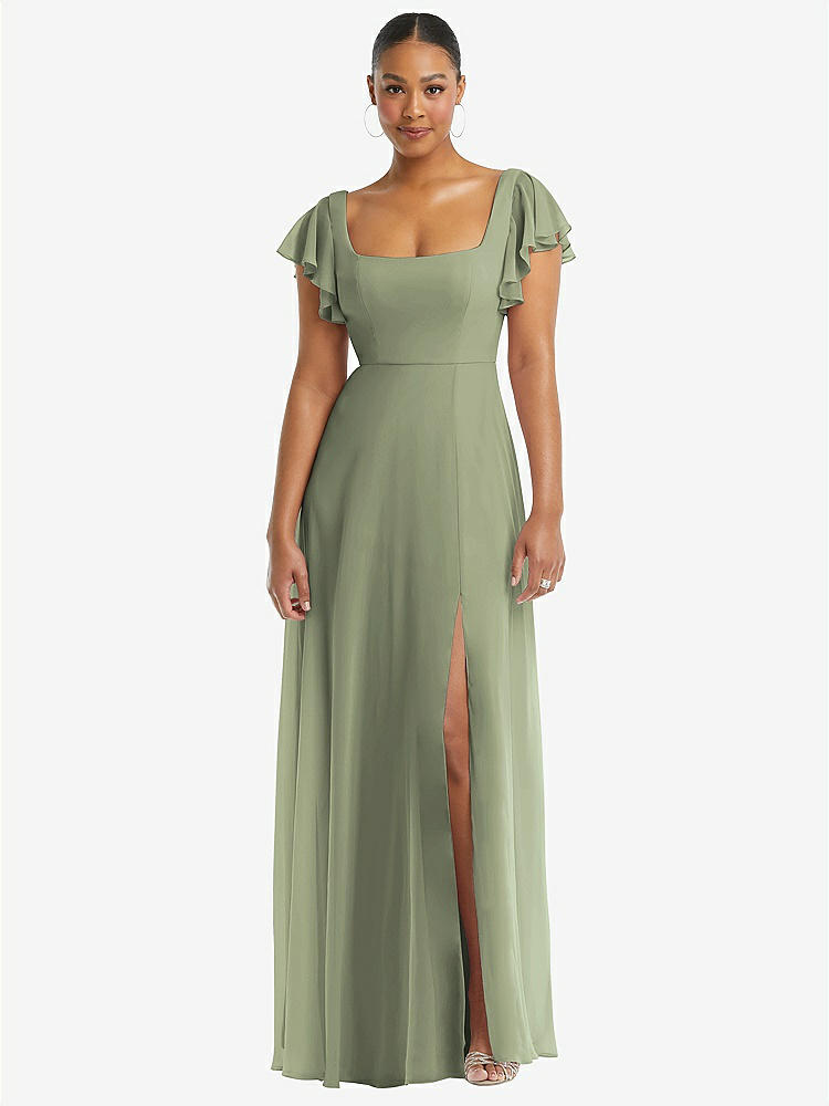 【STYLE: 1568】Flutter Sleeve Scoop Open-Back Chiffon Maxi Dress【COLOR: Sage】