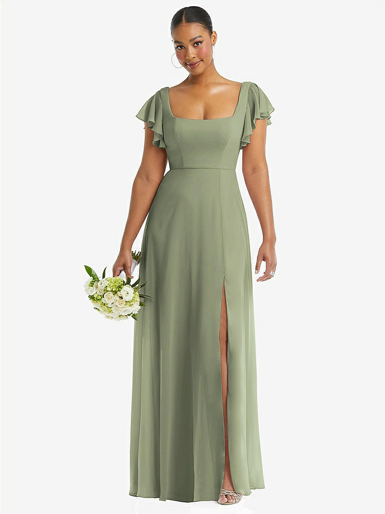 【STYLE: 1568】Flutter Sleeve Scoop Open-Back Chiffon Maxi Dress【COLOR: Sage】