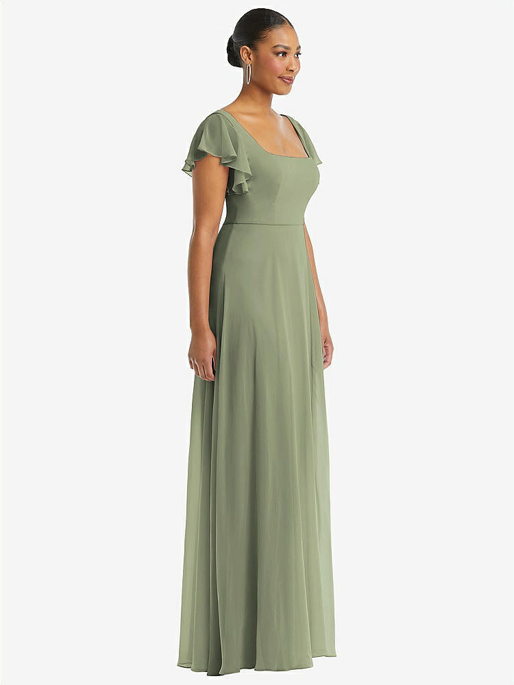 【STYLE: 1568】Flutter Sleeve Scoop Open-Back Chiffon Maxi Dress【COLOR: Sage】