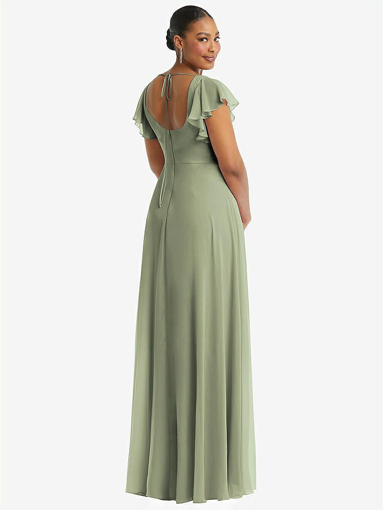 【STYLE: 1568】Flutter Sleeve Scoop Open-Back Chiffon Maxi Dress【COLOR: Sage】