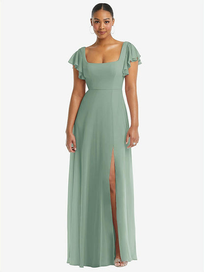 【STYLE: 1568】Flutter Sleeve Scoop Open-Back Chiffon Maxi Dress【COLOR: Seagrass】