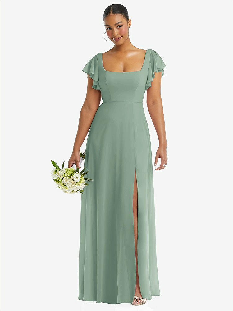 【STYLE: 1568】Flutter Sleeve Scoop Open-Back Chiffon Maxi Dress【COLOR: Seagrass】