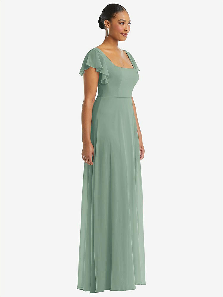 【STYLE: 1568】Flutter Sleeve Scoop Open-Back Chiffon Maxi Dress【COLOR: Seagrass】