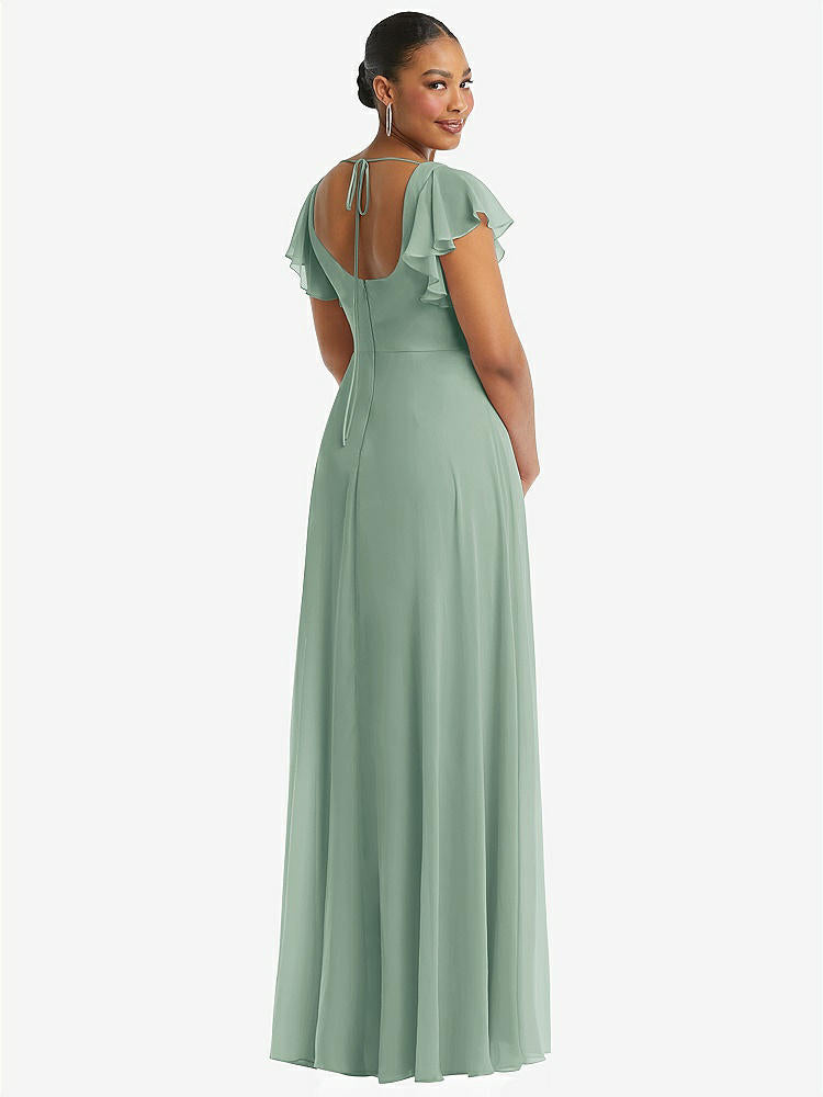 【STYLE: 1568】Flutter Sleeve Scoop Open-Back Chiffon Maxi Dress【COLOR: Seagrass】