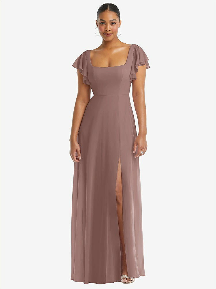 【STYLE: 1568】Flutter Sleeve Scoop Open-Back Chiffon Maxi Dress【COLOR: Sienna】