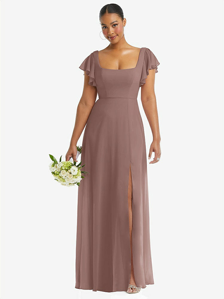 【STYLE: 1568】Flutter Sleeve Scoop Open-Back Chiffon Maxi Dress【COLOR: Sienna】